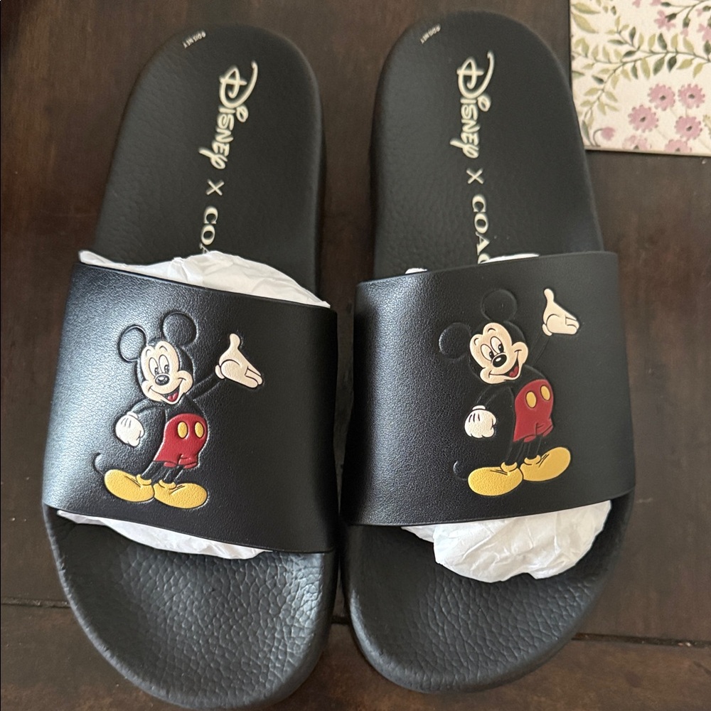 Disney Black Mickey Mouse Slide Sandals with Red & Yellow Details